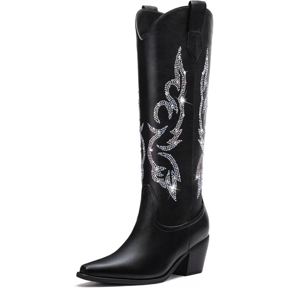 Women Black & Rhinestone Polyurethane Side Zipper Knee High Retro Western Boot